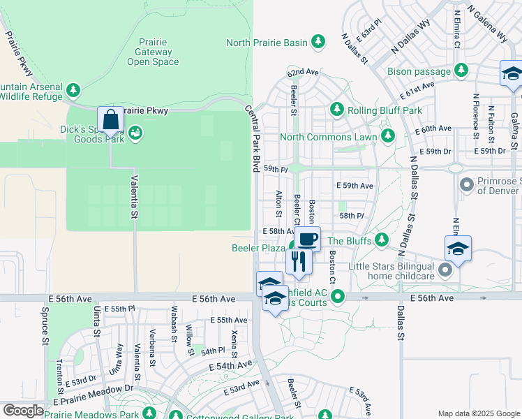 map of restaurants, bars, coffee shops, grocery stores, and more near 5852 Central Park Boulevard in Denver