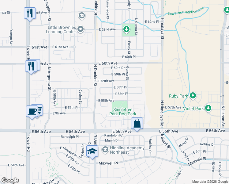 map of restaurants, bars, coffee shops, grocery stores, and more near 19609 East 58th Place in Aurora