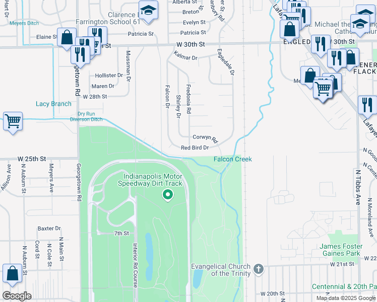 map of restaurants, bars, coffee shops, grocery stores, and more near 4101 Red Bird Drive in Indianapolis