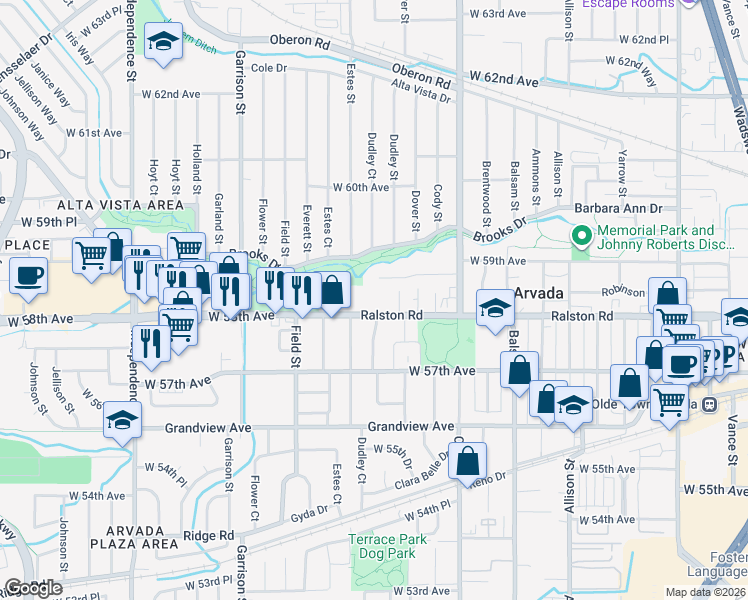map of restaurants, bars, coffee shops, grocery stores, and more near 8705 Ralston Road in Arvada