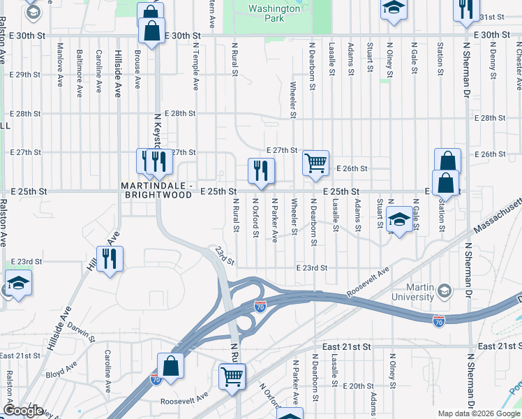map of restaurants, bars, coffee shops, grocery stores, and more near 2439 North Oxford Street in Indianapolis