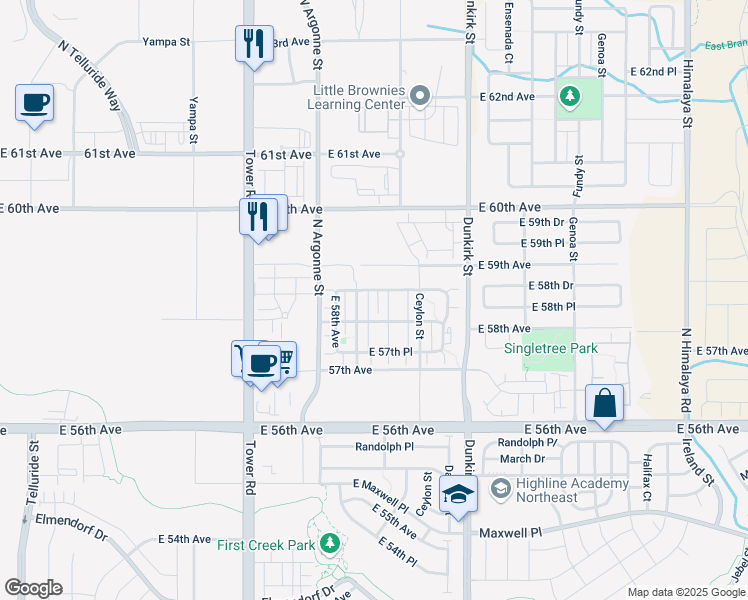 map of restaurants, bars, coffee shops, grocery stores, and more near 18941 East 58th Avenue in Denver