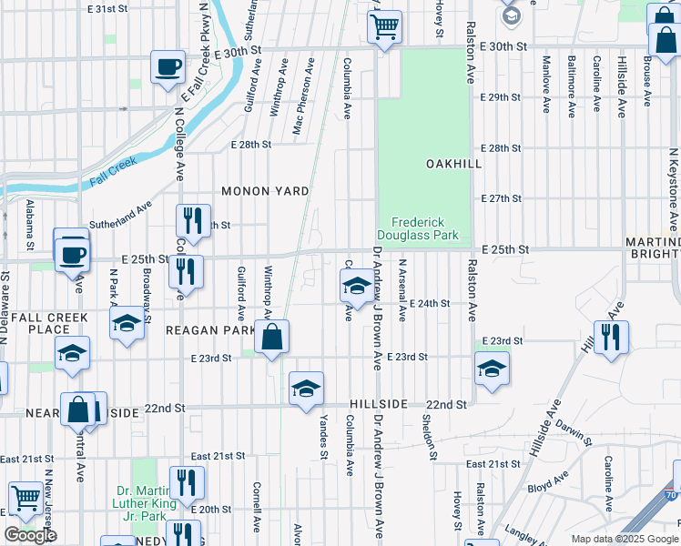 map of restaurants, bars, coffee shops, grocery stores, and more near 2438 Columbia Avenue in Indianapolis