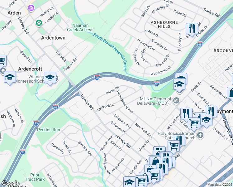 map of restaurants, bars, coffee shops, grocery stores, and more near 34 Benning Road in Claymont