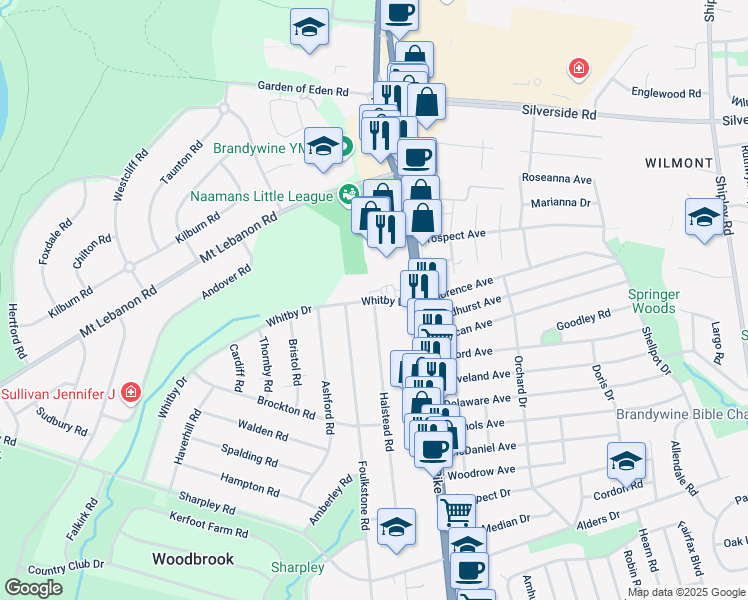 map of restaurants, bars, coffee shops, grocery stores, and more near 87 Whitby Drive in Wilmington