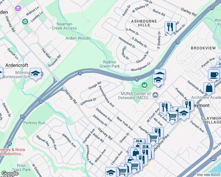 map of restaurants, bars, coffee shops, grocery stores, and more near 32 Glenrock Drive in Claymont