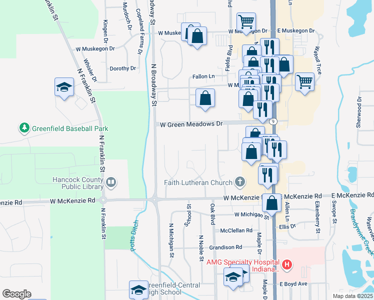 map of restaurants, bars, coffee shops, grocery stores, and more near 1335 Fairview Drive in Greenfield