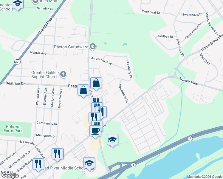 map of restaurants, bars, coffee shops, grocery stores, and more near 3601 Hillstone Place in Dayton
