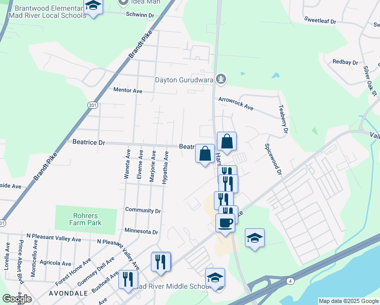 map of restaurants, bars, coffee shops, grocery stores, and more near 1110 Beatrice Drive in Dayton