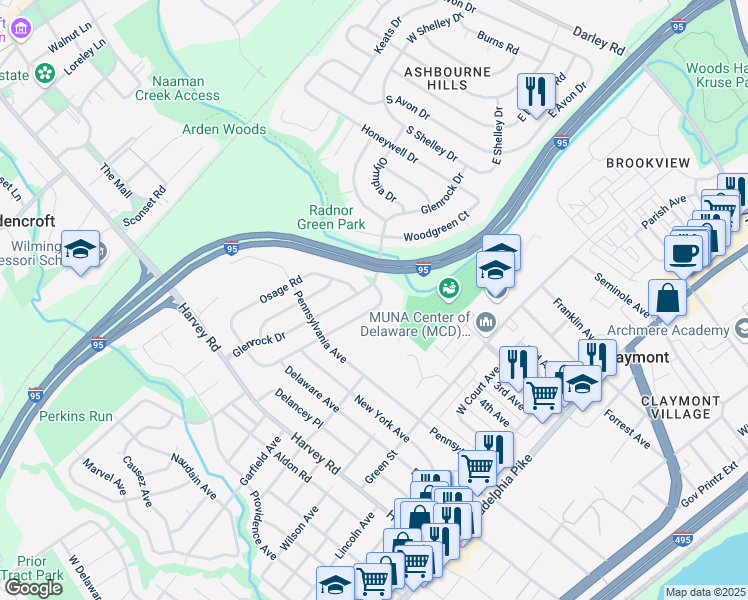 map of restaurants, bars, coffee shops, grocery stores, and more near 46 Miles Road in Claymont