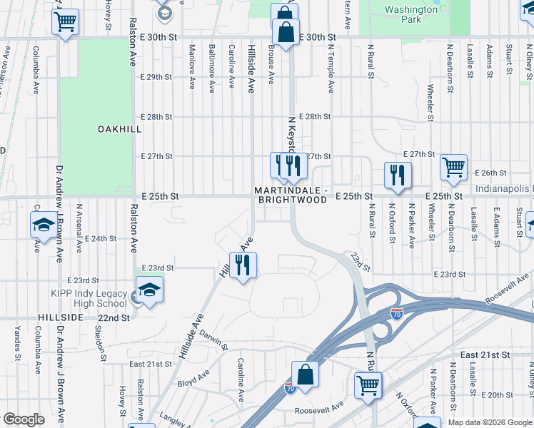 map of restaurants, bars, coffee shops, grocery stores, and more near 2308 East 24th Street in Indianapolis