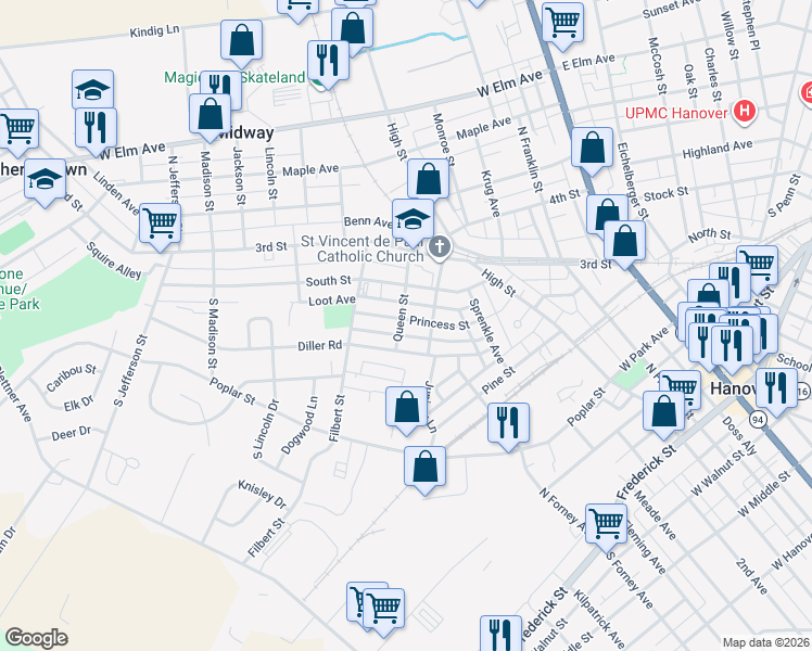 map of restaurants, bars, coffee shops, grocery stores, and more near 244 Princess Street in Hanover