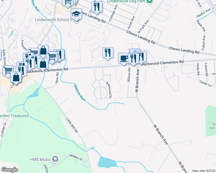 map of restaurants, bars, coffee shops, grocery stores, and more near 2504 Mason Run in Pine Hill
