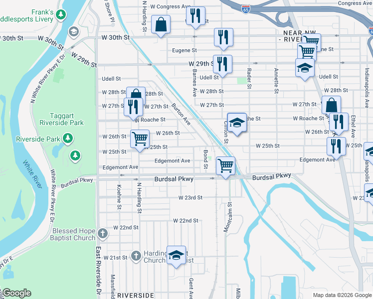 map of restaurants, bars, coffee shops, grocery stores, and more near 1227 West 25th Street in Indianapolis