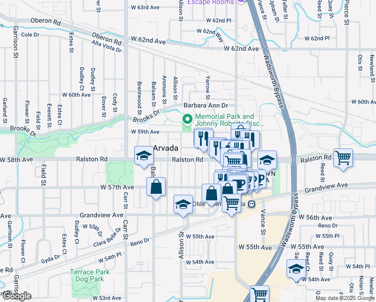 map of restaurants, bars, coffee shops, grocery stores, and more near 7950 Robinson Way in Arvada