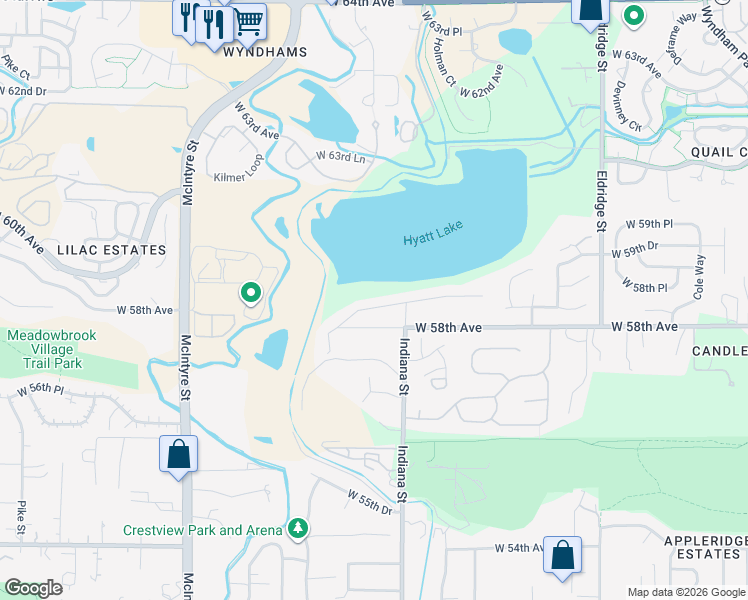 map of restaurants, bars, coffee shops, grocery stores, and more near 14875 West 58th Place in Golden