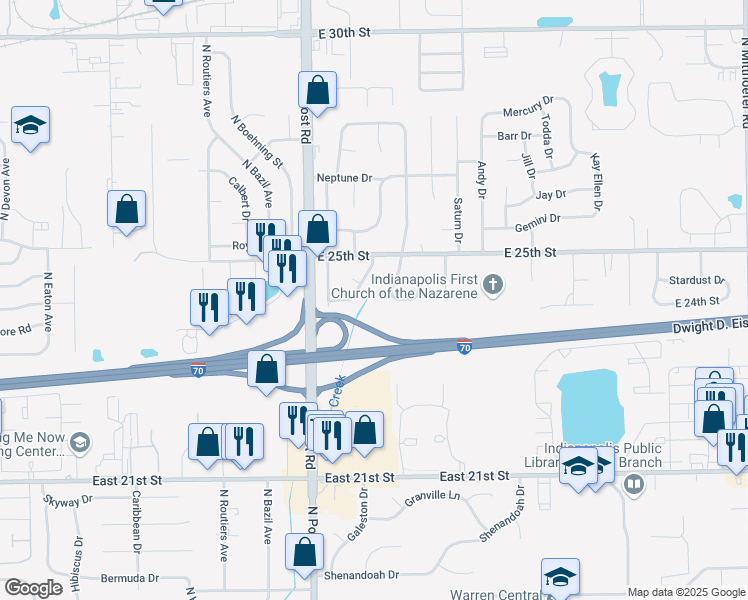 map of restaurants, bars, coffee shops, grocery stores, and more near 2414 Constellation Drive in Indianapolis