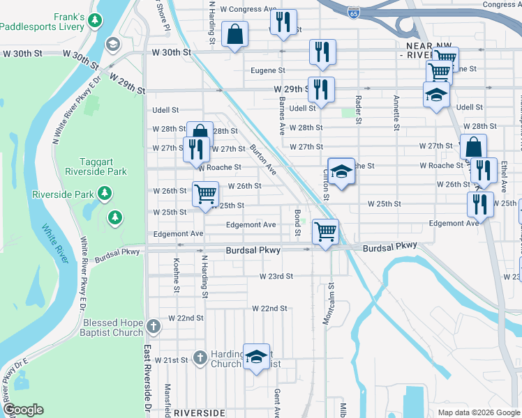 map of restaurants, bars, coffee shops, grocery stores, and more near 1227 West 25th Street in Indianapolis