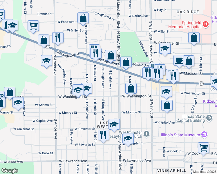map of restaurants, bars, coffee shops, grocery stores, and more near 129 North English Avenue in Springfield