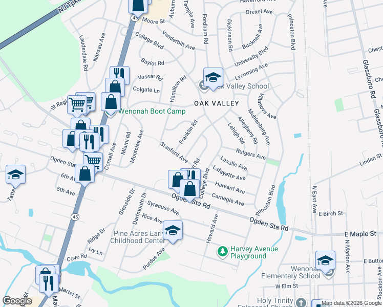 map of restaurants, bars, coffee shops, grocery stores, and more near 625 Westminster Road in Wenonah