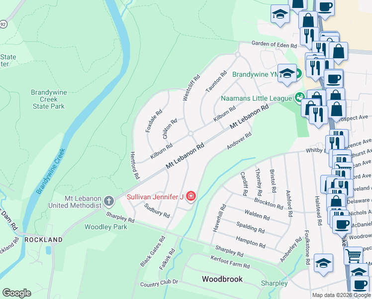 map of restaurants, bars, coffee shops, grocery stores, and more near 705 Mount Lebanon Road in Wilmington