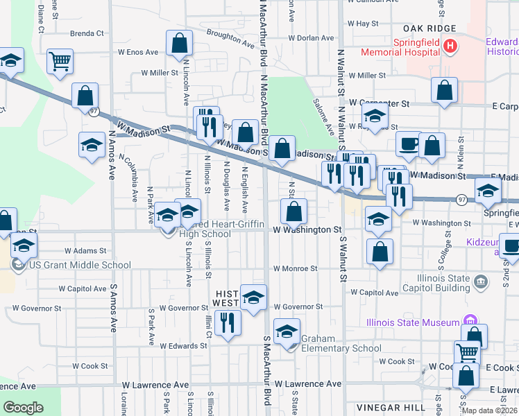 map of restaurants, bars, coffee shops, grocery stores, and more near 135 North MacArthur Boulevard in Springfield