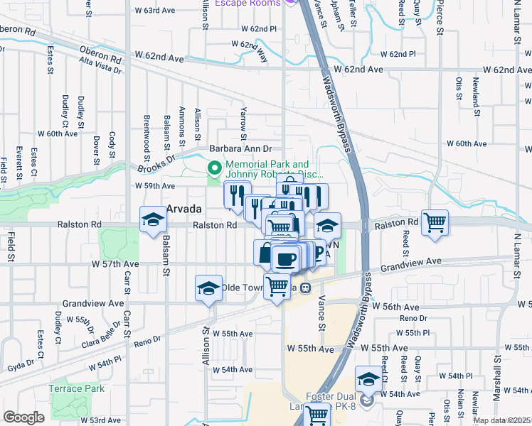 map of restaurants, bars, coffee shops, grocery stores, and more near 7610 Robinson Way in Arvada