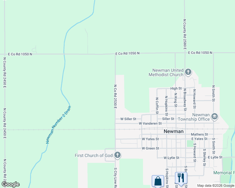 map of restaurants, bars, coffee shops, grocery stores, and more near 327 North Co Road 2530 East in Newman