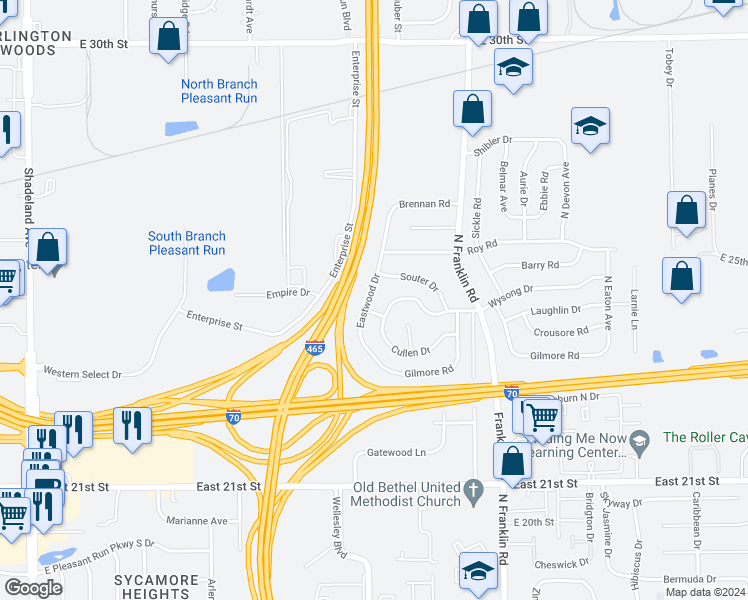 map of restaurants, bars, coffee shops, grocery stores, and more near 2423 Eastwood Drive in Indianapolis