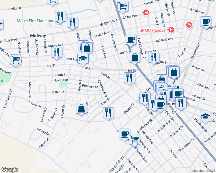 map of restaurants, bars, coffee shops, grocery stores, and more near 23 Young Circle in Hanover