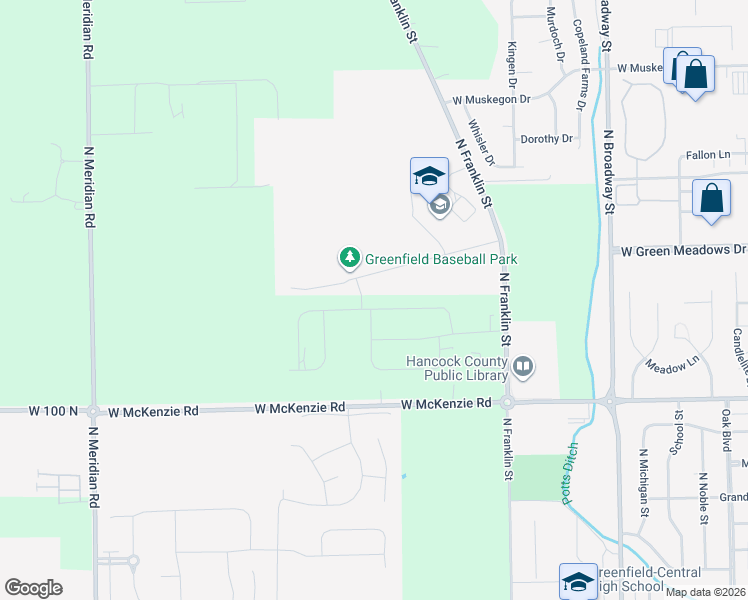 map of restaurants, bars, coffee shops, grocery stores, and more near Unnamed Road in Greenfield