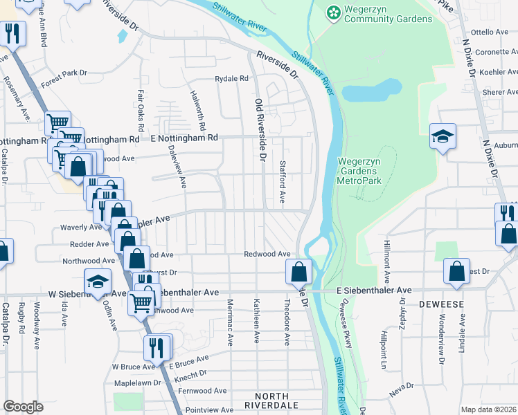 map of restaurants, bars, coffee shops, grocery stores, and more near 3901 Old Riverside Drive in Dayton