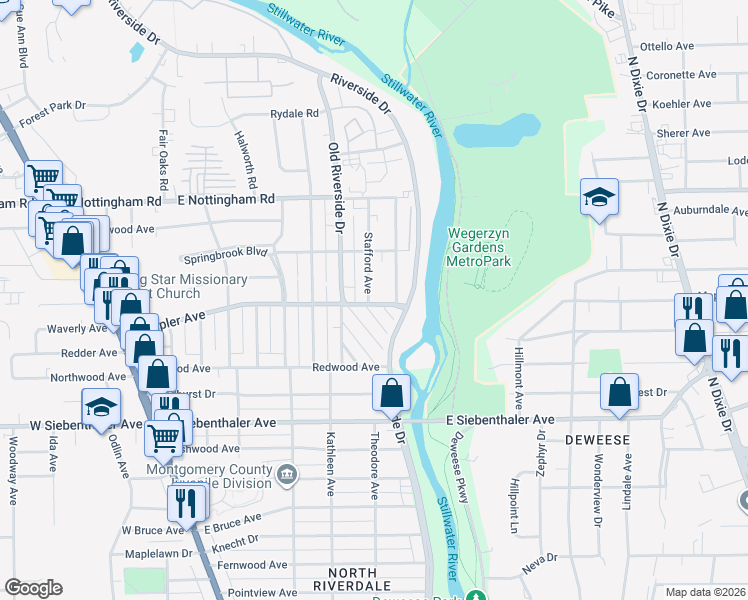 map of restaurants, bars, coffee shops, grocery stores, and more near 2 Stafford Avenue in Dayton