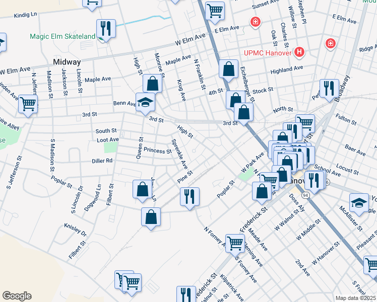 map of restaurants, bars, coffee shops, grocery stores, and more near 23 Young Circle in Hanover