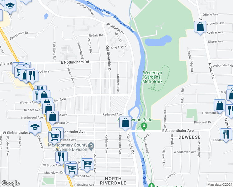 map of restaurants, bars, coffee shops, grocery stores, and more near 1 Stafford Avenue in Dayton