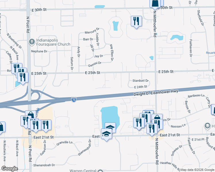 map of restaurants, bars, coffee shops, grocery stores, and more near 9602 East 24th Street in Indianapolis