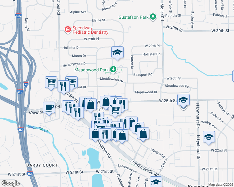 map of restaurants, bars, coffee shops, grocery stores, and more near 38 Maplewood Drive in Speedway