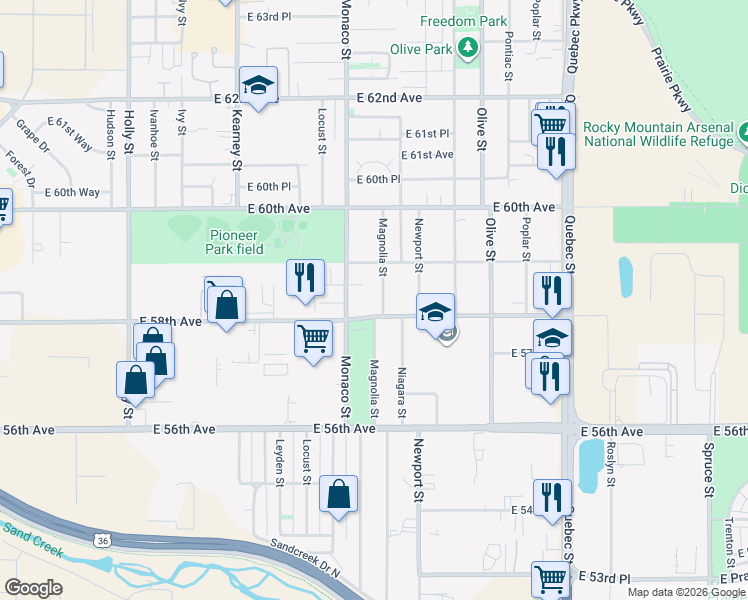 map of restaurants, bars, coffee shops, grocery stores, and more near 5815 Magnolia Street in Commerce City