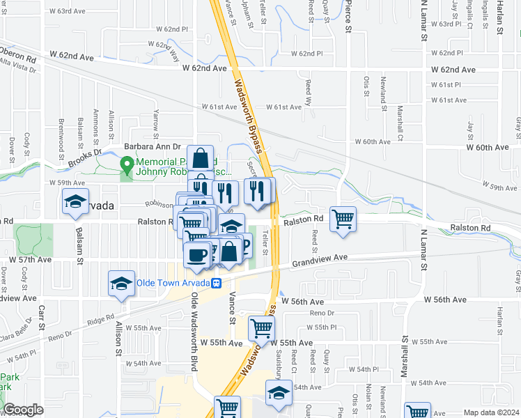 map of restaurants, bars, coffee shops, grocery stores, and more near 7355 Ralston Road in Arvada