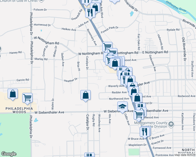 map of restaurants, bars, coffee shops, grocery stores, and more near 508 Heather Drive in Dayton