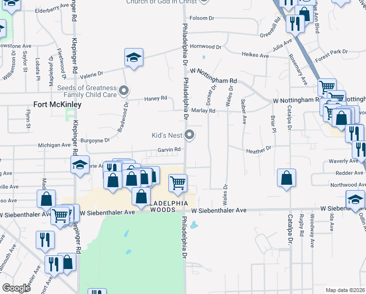 map of restaurants, bars, coffee shops, grocery stores, and more near 3040 Garvin Road in Dayton
