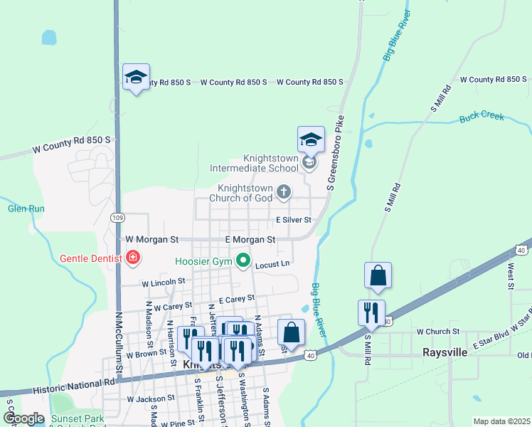 map of restaurants, bars, coffee shops, grocery stores, and more near 348 East Silver Street in Knightstown
