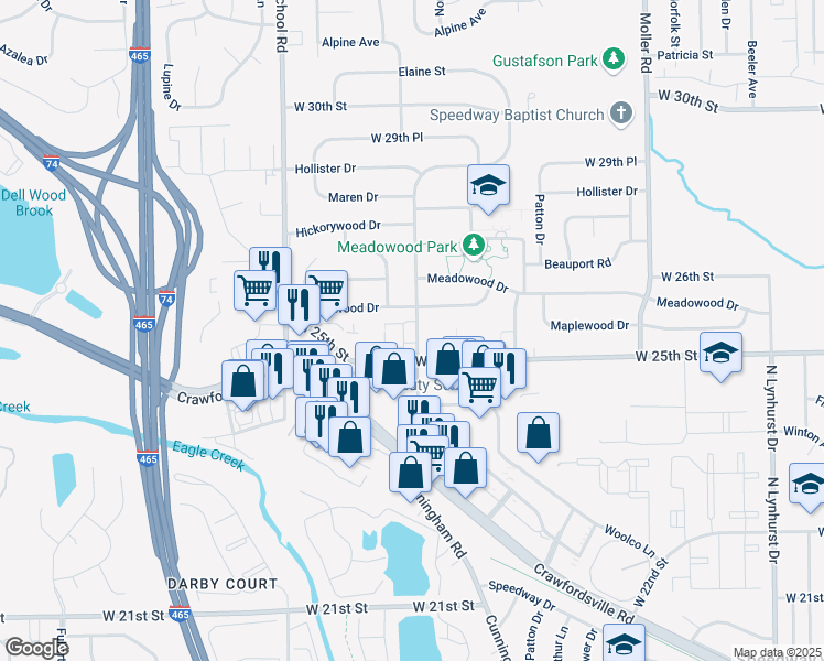map of restaurants, bars, coffee shops, grocery stores, and more near 2520 Parkwood Drive in Indianapolis
