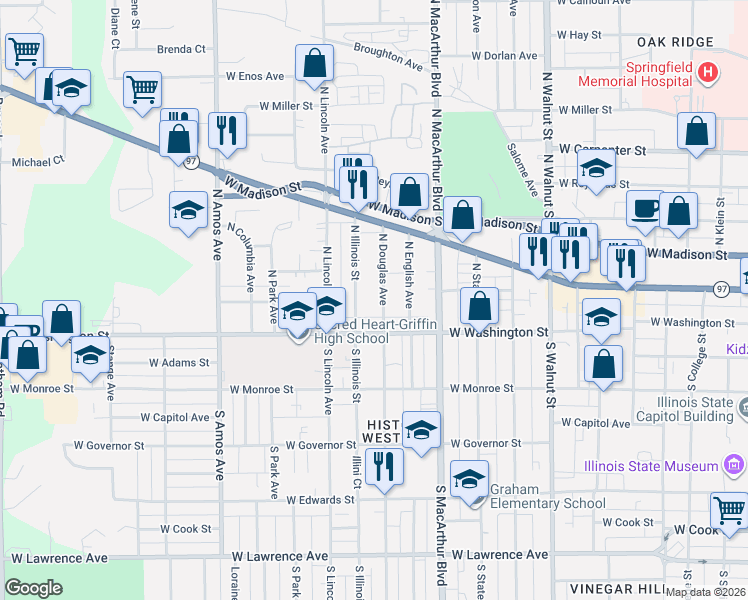map of restaurants, bars, coffee shops, grocery stores, and more near 146 North Illinois Street in Springfield