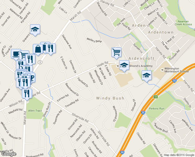 map of restaurants, bars, coffee shops, grocery stores, and more near 10 Wheatfield Drive in Wilmington