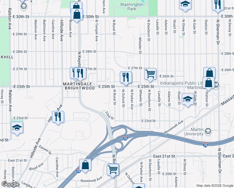 map of restaurants, bars, coffee shops, grocery stores, and more near 2443 N Rural St in Indianapolis