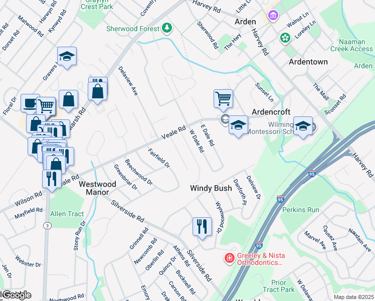 map of restaurants, bars, coffee shops, grocery stores, and more near 10 Wheatfield Drive in Wilmington