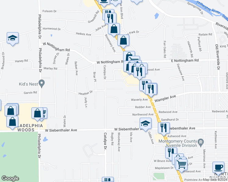 map of restaurants, bars, coffee shops, grocery stores, and more near 540 Heather Drive in Dayton