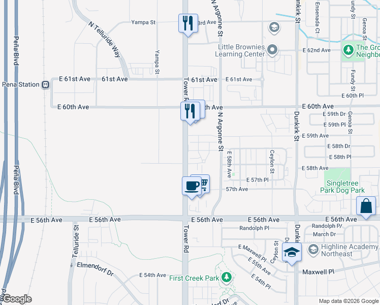 map of restaurants, bars, coffee shops, grocery stores, and more near 5800 Tower Road in Denver