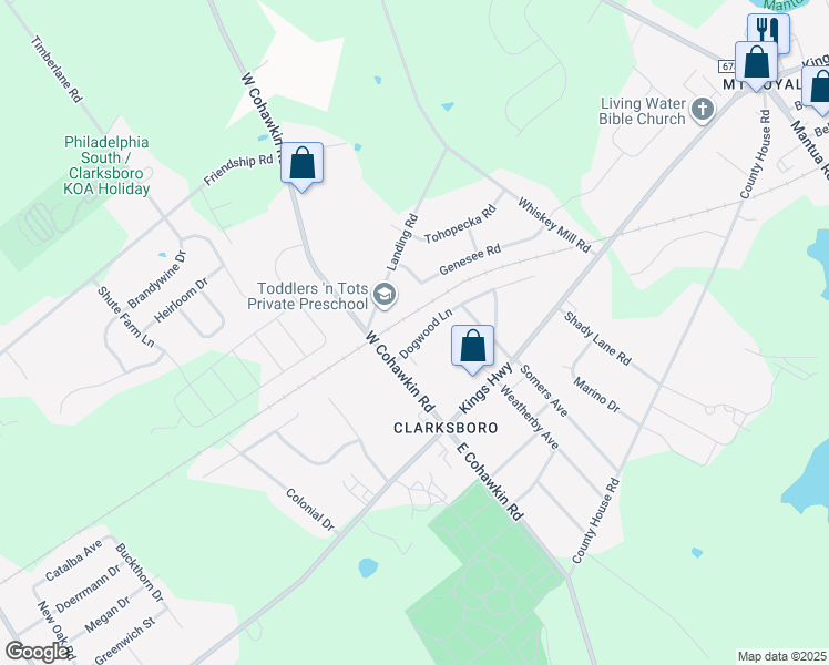 map of restaurants, bars, coffee shops, grocery stores, and more near 291 Dogwood Lane in East Greenwich Township